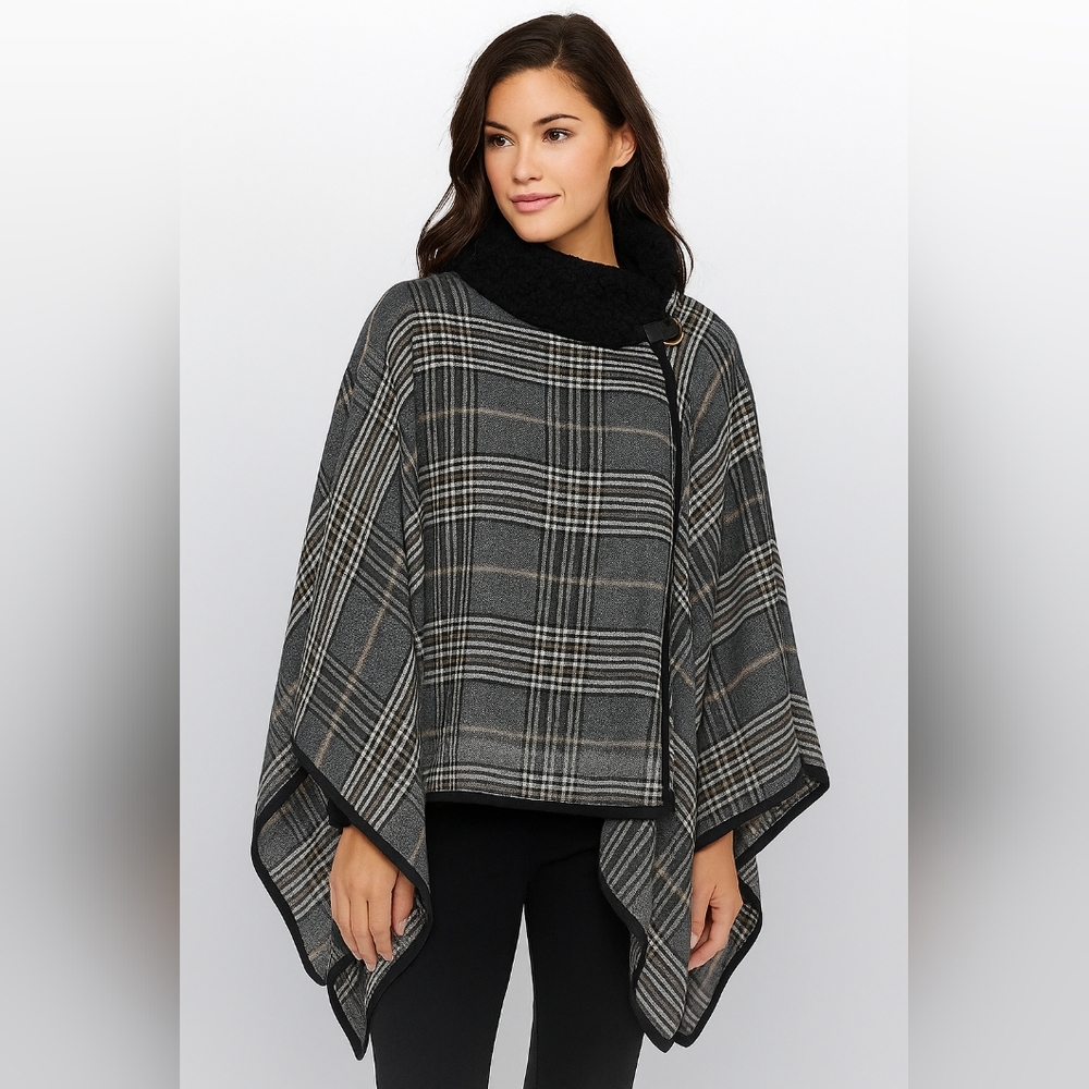 Nordstrom Rack Faux Shearling Collar Knit Cape One Size Black Multicolor